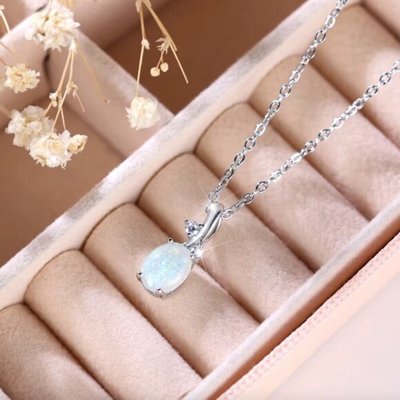 NEW 18k White Gold Opal Necklace Diamond Opal Pendant Necklace - Picture 2 of 7